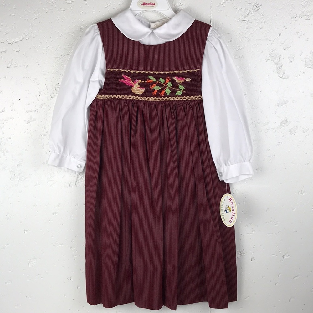 NWT ROSALINA COLLECTIONS Girl's Birds Maroon Gingham Smocked Sundress Set